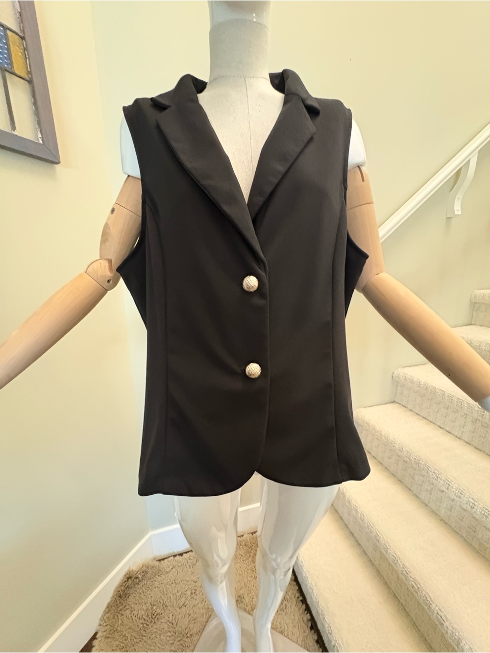 Black Lightweight Women’s Summer Vest with Gold Buttons. Brand Awakening SzXL